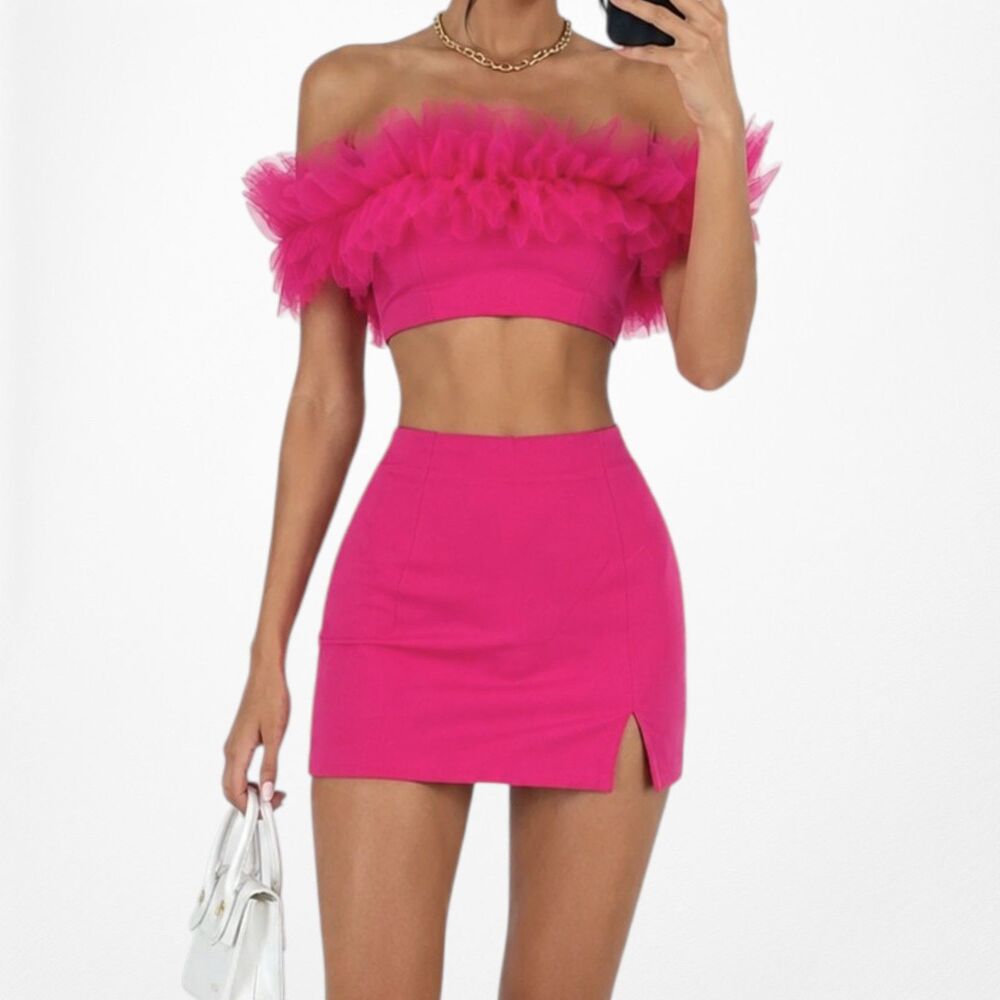 Vintage Y2K 90s Barbie Pink Bodycon Pencil Side Slit Mini Party Skirt Size XS/S